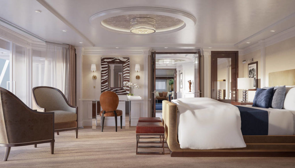 Oceana Cruises The Master Bedroom in the re-designed Owner's Suite onboard Marina and Riviera by Ralph Lauren Home and Designer Trevor Howells - Photo by Oceana Cruises